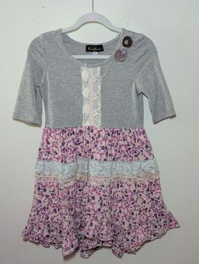 Hannah Banana Cottagecore Gray + Pink Dress with Fabric Flowers + Lace Size 6X
